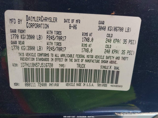Продажа на аукционе авто 2007 Dodge Ram 1500 Slt/trx4 Off Road/sport, vin: 1D7HU18N57J516720, номер лота: 44811307