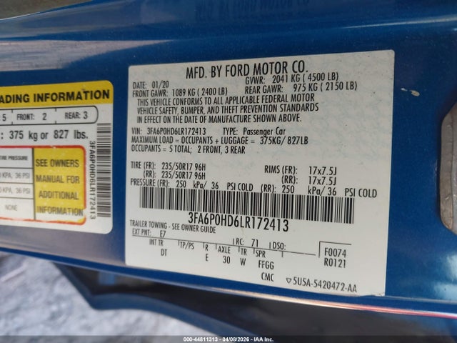Продажа на аукционе авто 2020 Ford Fusion Se, vin: 3FA6P0HD6LR172413, номер лота: 44811313