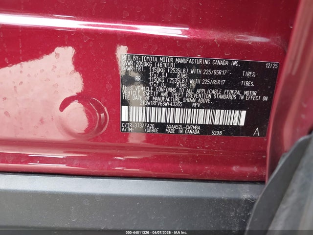 2025 Toyota Rav4 Xle მანქანა იყიდება აუქციონზე, vin: 2T3W1RFV6SW443265, აუქციონის ნომერი: 44811326