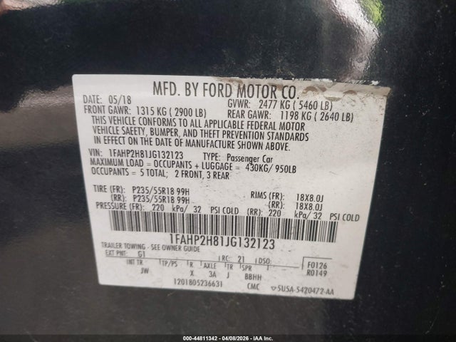 2018 Ford Taurus Sel მანქანა იყიდება აუქციონზე, vin: 1FAHP2H81JG132123, აუქციონის ნომერი: 44811342
