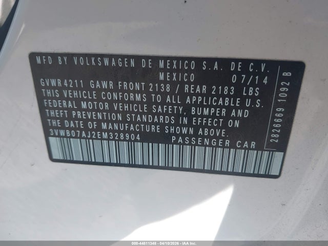 44811348 :رقم المزاد ، 3VWB07AJ2EM328904 vin ، 2014 Volkswagen Jetta 1.8t Se مزاد بيع