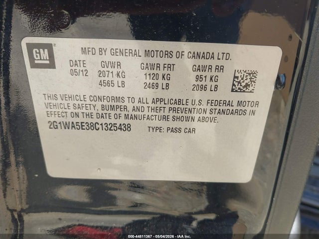 44811367 :رقم المزاد ، 2G1WA5E38C1325438 vin ، 2012 Chevrolet Impala Ls مزاد بيع
