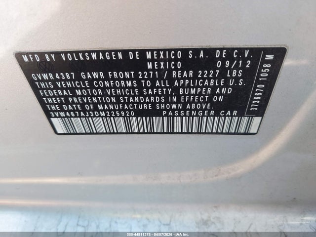 44811378 :رقم المزاد ، 3VW467AJ3DM225920 vin ، 2013 Volkswagen Jetta Gli Autobahn W/nav مزاد بيع