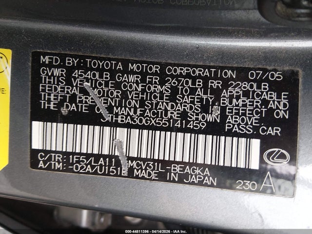 44811396 :رقم المزاد ، JTHBA30GX55141459 vin ، 2005 Lexus Es 330 مزاد بيع