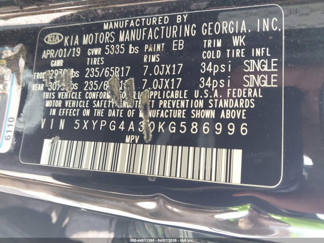 2019 Kia Sorento 2.4l L მანქანა იყიდება აუქციონზე, vin: 5XYPG4A30KG586996, აუქციონის ნომერი: 44811398