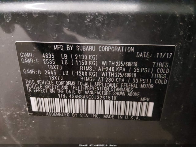 44811403 :رقم المزاد ، 4S4BSANC0J3261510 vin ، 2018 Subaru Outback 2.5i Limited مزاد بيع