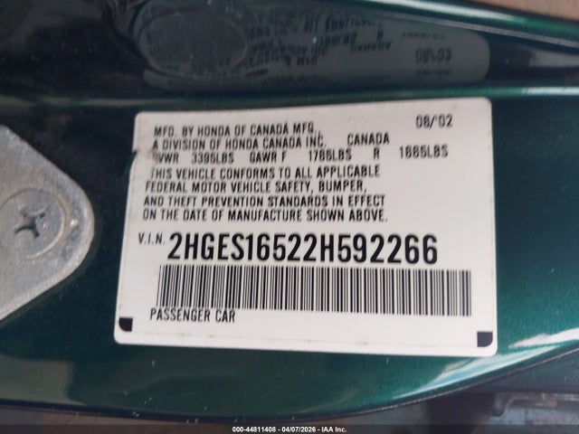 2002 HONDA CIVIC 2HGES16522H592266 Photo 8