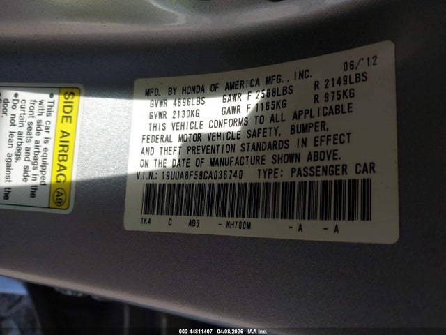 Aukcja sprzedaży 2012 Acura Tl 3.5, vin: 19UUA8F59CA036740, numer aukcji: 44811407