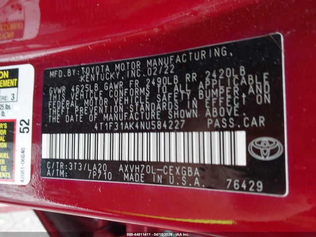 2022 Toyota Camry Xle Hybrid მანქანა იყიდება აუქციონზე, vin: 4T1F31AK4NU584227, აუქციონის ნომერი: 44811411