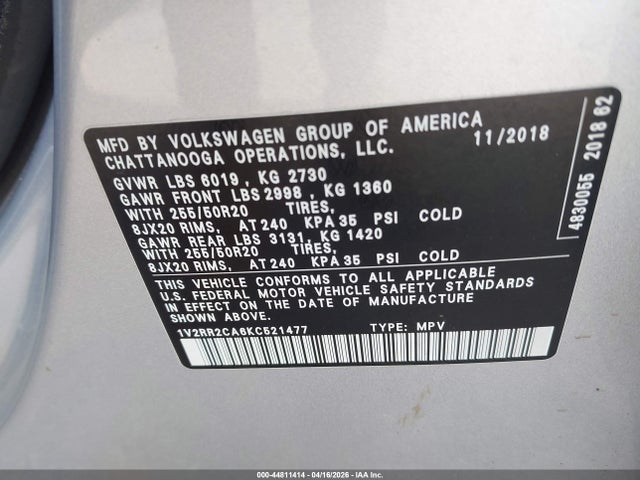 44811414 :رقم المزاد ، 1V2RR2CA6KC521477 vin ، 2019 Volkswagen Atlas 3.6l V6 Sel R-line مزاد بيع