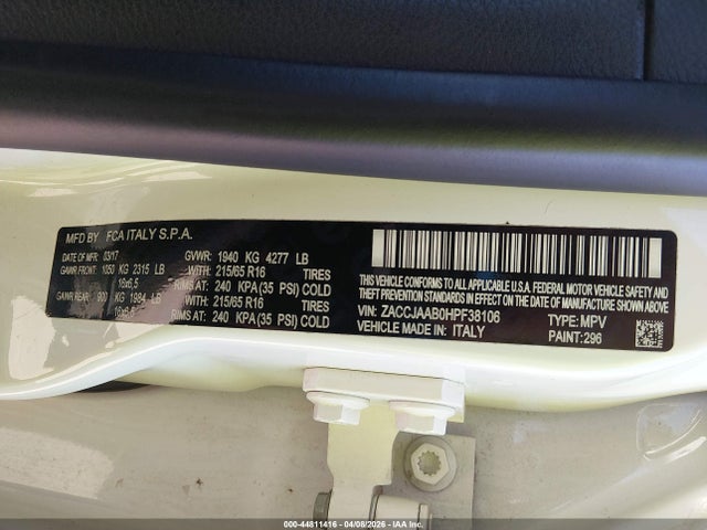 Aukcja sprzedaży 2017 Jeep Renegade Sport Fwd, vin: ZACCJAAB0HPF38106, numer aukcji: 44811416