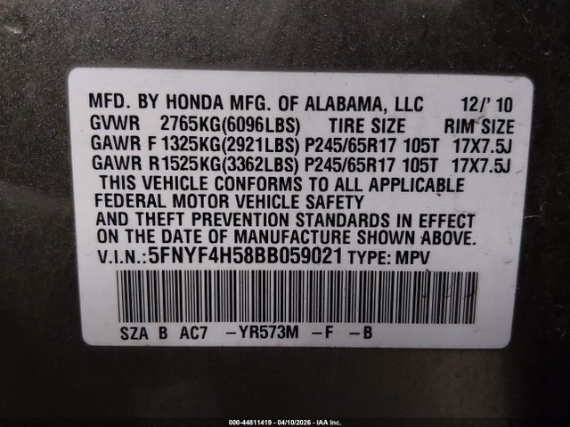 44811419 :رقم المزاد ، 5FNYF4H58BB059021 vin ، 2011 Honda Pilot Ex-l مزاد بيع