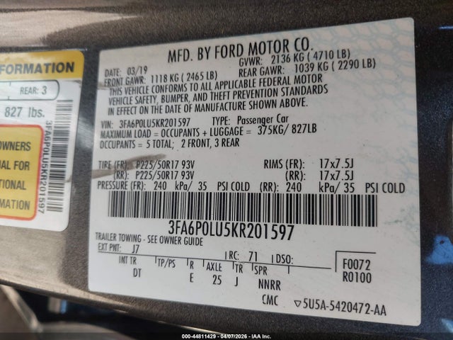 Продажа на аукционе авто 2019 Ford Fusion Hybrid Se, vin: 3FA6P0LU5KR201597, номер лота: 44811429