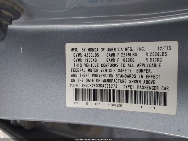 2016 Honda Accord Lx მანქანა იყიდება აუქციონზე, vin: 1HGCR2F33GA096275, აუქციონის ნომერი: 44811430