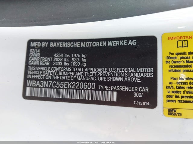 44811431 :رقم المزاد ، WBA3N7C55EK220600 vin ، 2014 Bmw 428i مزاد بيع