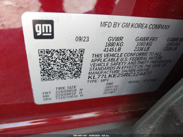 2024 Chevrolet Trax Fwd Activ მანქანა იყიდება აუქციონზე, vin: KL77LKE25RC124477, აუქციონის ნომერი: 44811447
