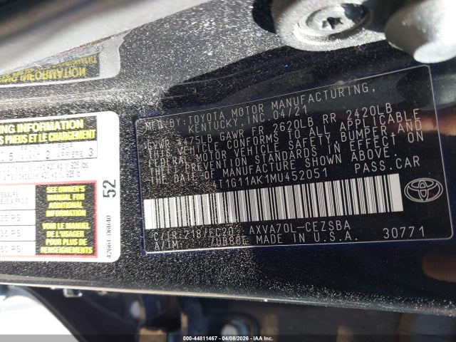 Aukcja sprzedaży 2021 Toyota Camry Se Nightshade Edition, vin: 4T1G11AK1MU452051, numer aukcji: 44811467