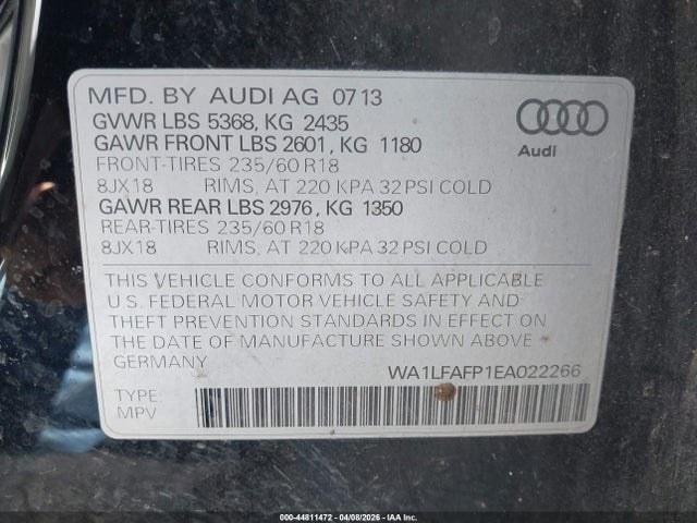 Продажа на аукционе авто 2014 Audi Q5 2.0t Premium, vin: WA1LFAFP1EA022266, номер лота: 44811472