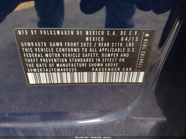 2012 Volkswagen Jetta 2.0l S მანქანა იყიდება აუქციონზე, vin: 3VW2K7AJ7CM405225, აუქციონის ნომერი: 44811481