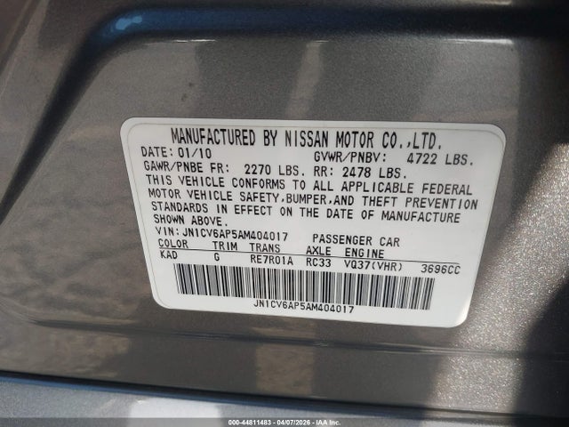 44811483 :رقم المزاد ، JN1CV6AP5AM404017 vin ، 2010 Infiniti G37 Anniversary Edition مزاد بيع