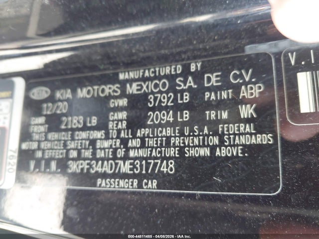 Продажа на аукционе авто 2021 Kia Forte Gt-line, vin: 3KPF34AD7ME317748, номер лота: 44811485
