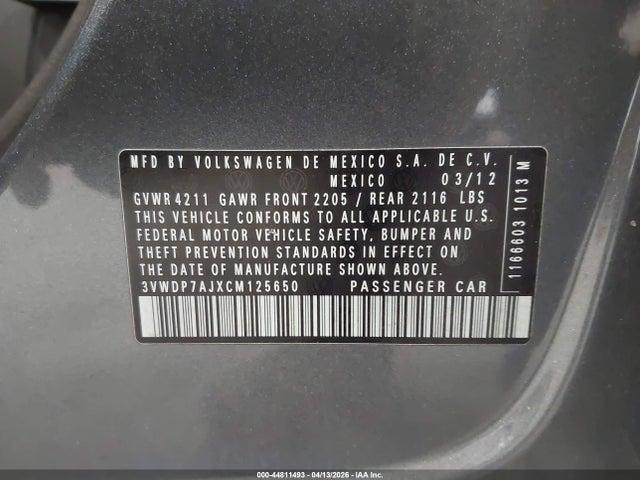 2012 Volkswagen Jetta 2.5l Se მანქანა იყიდება აუქციონზე, vin: 3VWDP7AJXCM125650, აუქციონის ნომერი: 44811493