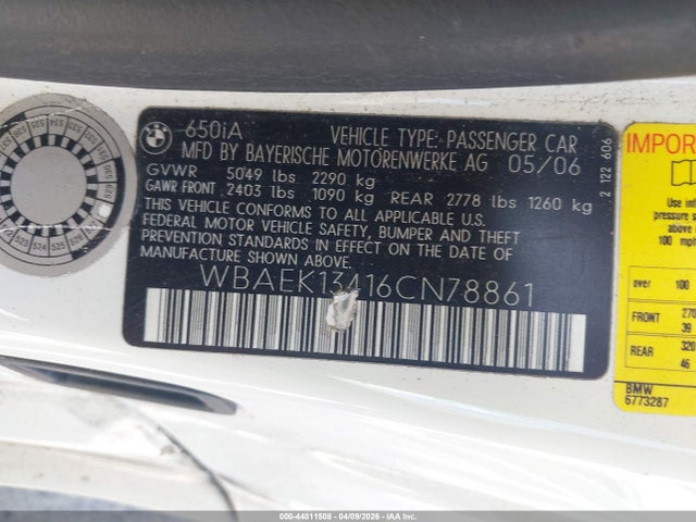 2006 Bmw 650i მანქანა იყიდება აუქციონზე, vin: WBAEK13416CN78861, აუქციონის ნომერი: 44811508