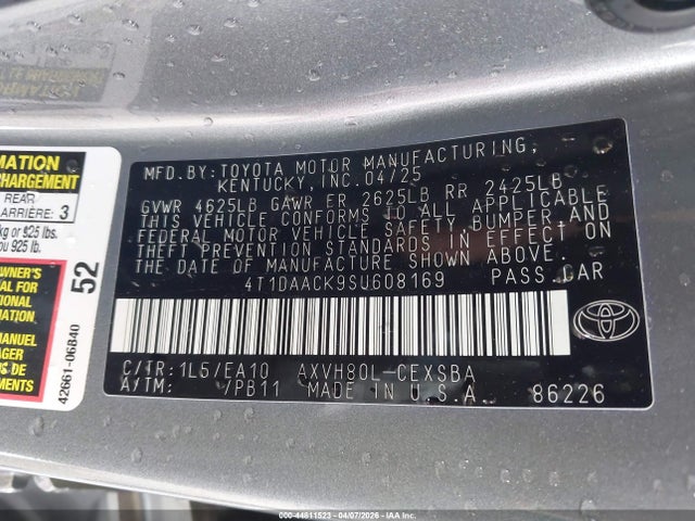 44811523 :رقم المزاد ، 4T1DAACK9SU608169 vin ، 2025 Toyota Camry Se مزاد بيع
