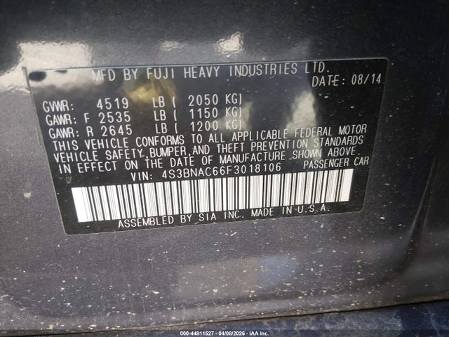 Продажа на аукционе авто 2015 Subaru Legacy 2.5i Premium, vin: 4S3BNAC66F3018106, номер лота: 44811527
