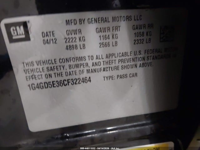 44811532 :رقم المزاد ، 1G4GD5E36CF322464 vin ، 2012 Buick Lacrosse Premium 1 Group مزاد بيع