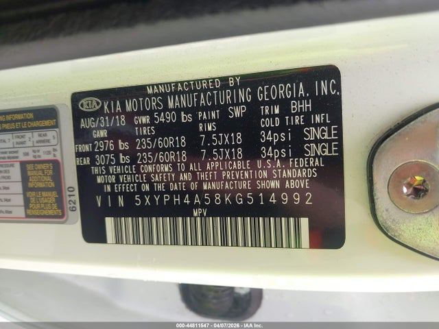 Aukcja sprzedaży 2019 Kia Sorento 3.3l Ex, vin: 5XYPH4A58KG514992, numer aukcji: 44811547