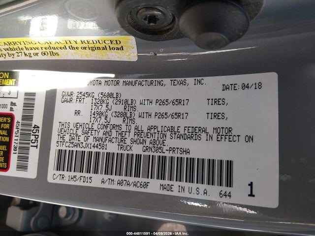 44811591 :رقم المزاد ، 5TFCZ5AN3JX144581 vin ، 2018 Toyota Tacoma Trd Sport مزاد بيع