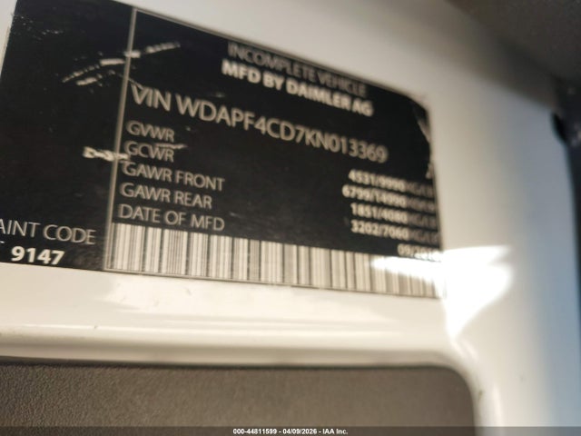 44811599 :رقم المزاد ، WDAPF4CD7KN013369 vin ، 2019 Mercedes-benz Sprinter 4500 Standard Roof V6 مزاد بيع