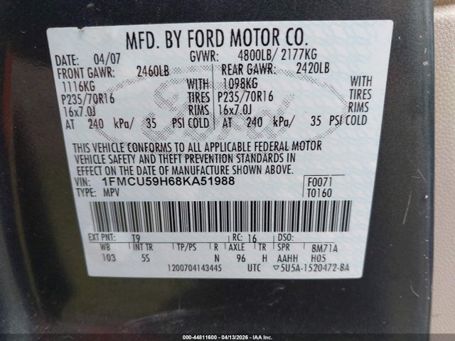 Auction sale of the 2008 Ford Escape Hybrid, vin: 1FMCU59H68KA51988, lot number: 44811600