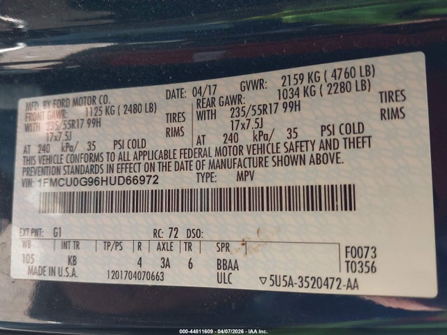 Продажа на аукционе авто 2017 Ford Escape Se, vin: 1FMCU0G96HUD66972, номер лота: 44811609