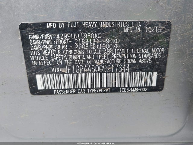 44811612 :رقم المزاد ، JF1GPAA60G9217644 vin ، 2016 Subaru Impreza 2.0i مزاد بيع