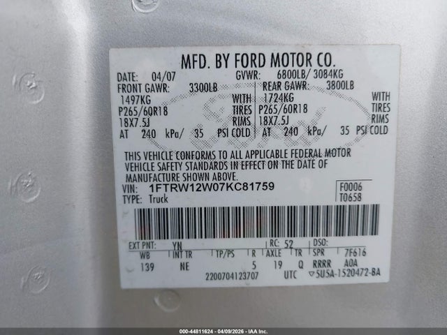 Продажа на аукционе авто 2007 Ford F-150 Xlt, vin: 1FTRW12W07KC81759, номер лота: 44811624