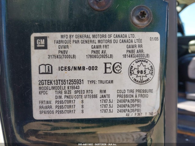Aukcja sprzedaży 2005 Gmc Sierra 1500 Sle/slt, vin: 2GTEK13T551255931, numer aukcji: 44811652