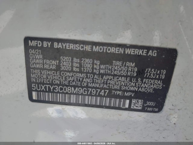 2021 Bmw X3 Sdrive30i მანქანა იყიდება აუქციონზე, vin: 5UXTY3C08M9G79747, აუქციონის ნომერი: 44811663