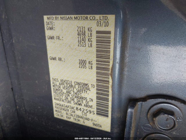 44811664 :رقم المزاد ، 1N4AA5AP2AC842595 vin ، 2010 Nissan Maxima 3.5 Sv مزاد بيع