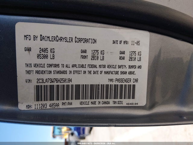 Продажа на аукционе авто 2006 Chrysler 300c Srt8, vin: 2C3LA73W76H250184, номер лота: 44811673