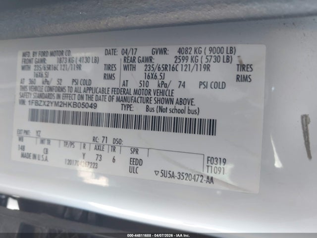 Продаж на аукціоні авто 2017 Ford Transit-350 Xlt, vin: 1FBZX2YM2HKB05049, номер лоту: 44811688