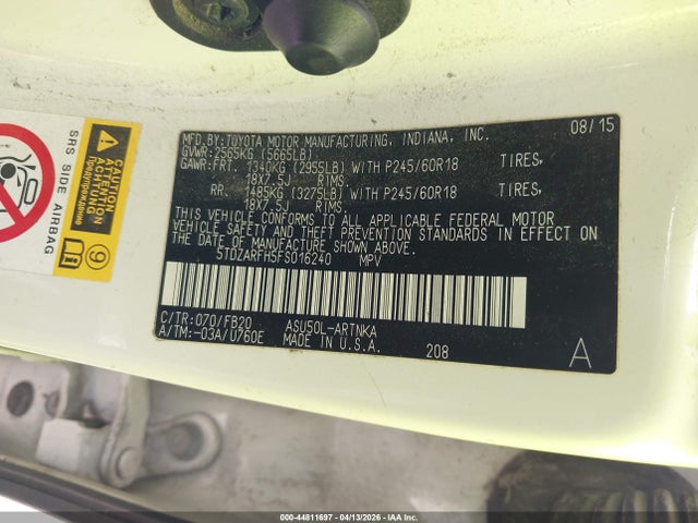 44811697 :رقم المزاد ، 5TDZARFH5FS016240 vin ، 2015 Toyota Highlander Le مزاد بيع