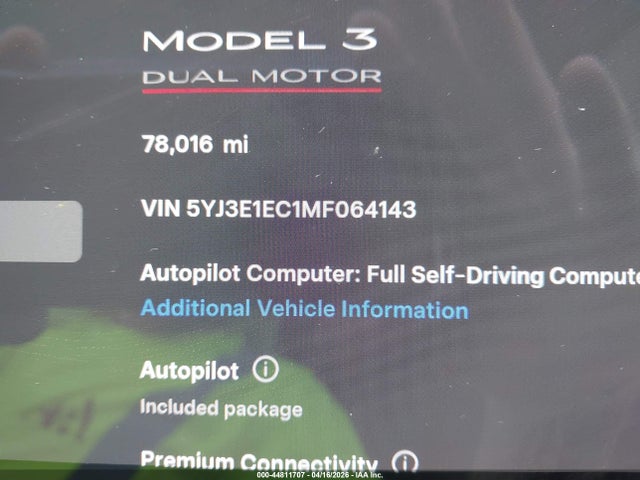 Aukcja sprzedaży 2021 Tesla Model 3 Performance Dual Motor All-wheel Drive, vin: 5YJ3E1EC1MF064143, numer aukcji: 44811707