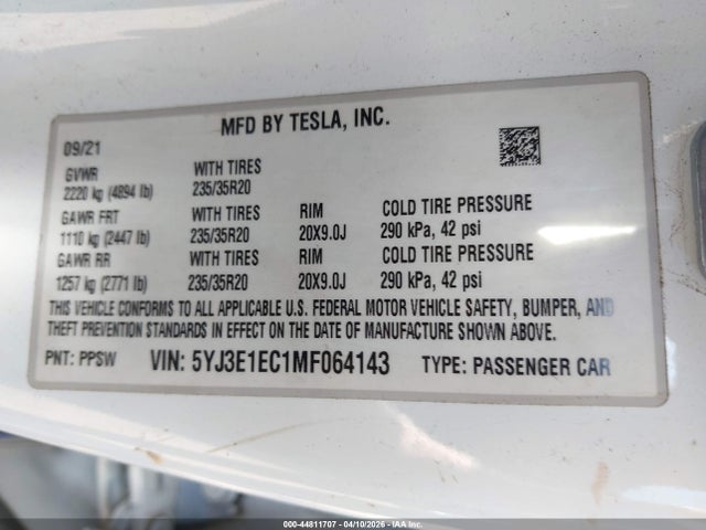 Aukcja sprzedaży 2021 Tesla Model 3 Performance Dual Motor All-wheel Drive, vin: 5YJ3E1EC1MF064143, numer aukcji: 44811707