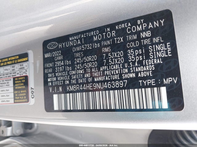 44811720 :رقم المزاد ، KM8R44HE9NU463897 vin ، 2022 Hyundai Palisade Sel مزاد بيع