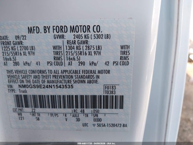 Продажа на аукционе авто 2022 Ford Transit Connect Xl Passenger, vin: NM0GS9E24N1543535, номер лота: 44811725