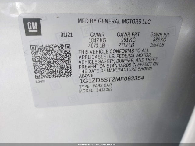 Aukcja sprzedaży 2021 Chevrolet Malibu Fwd Lt, vin: 1G1ZD5ST2MF063354, numer aukcji: 44811730