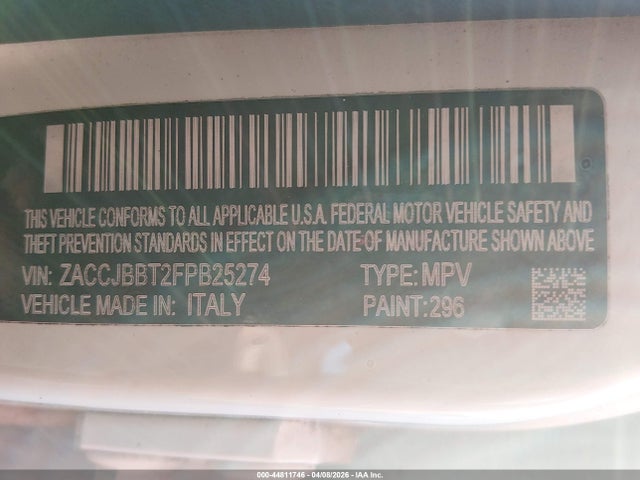 Продажа на аукционе авто 2015 Jeep Renegade Latitude, vin: ZACCJBBT2FPB25274, номер лота: 44811746