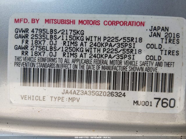 44811752 :رقم المزاد ، JA4AZ3A35GZ026324 vin ، 2016 Mitsubishi Outlander Se مزاد بيع